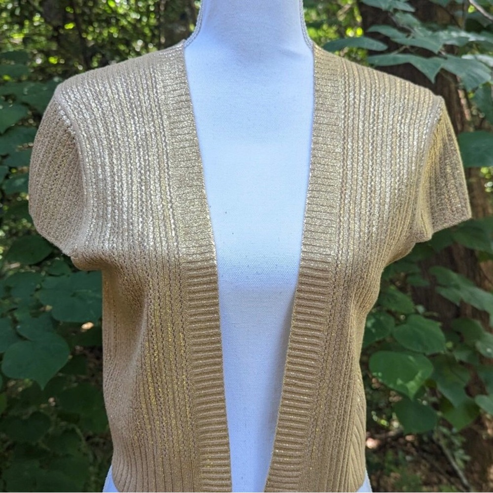 BCBGMaxAzria Cropped Cardigan Sweater Open Front in Metallic Gold Size Medium